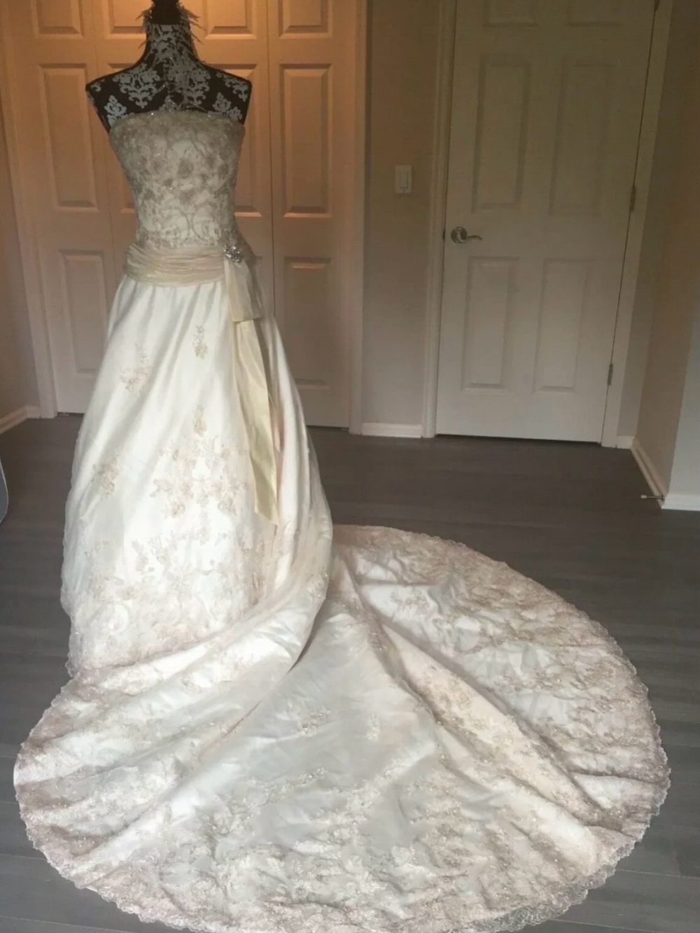 Strapless Lace Appliqué Wedding Gown in Ivory with Train